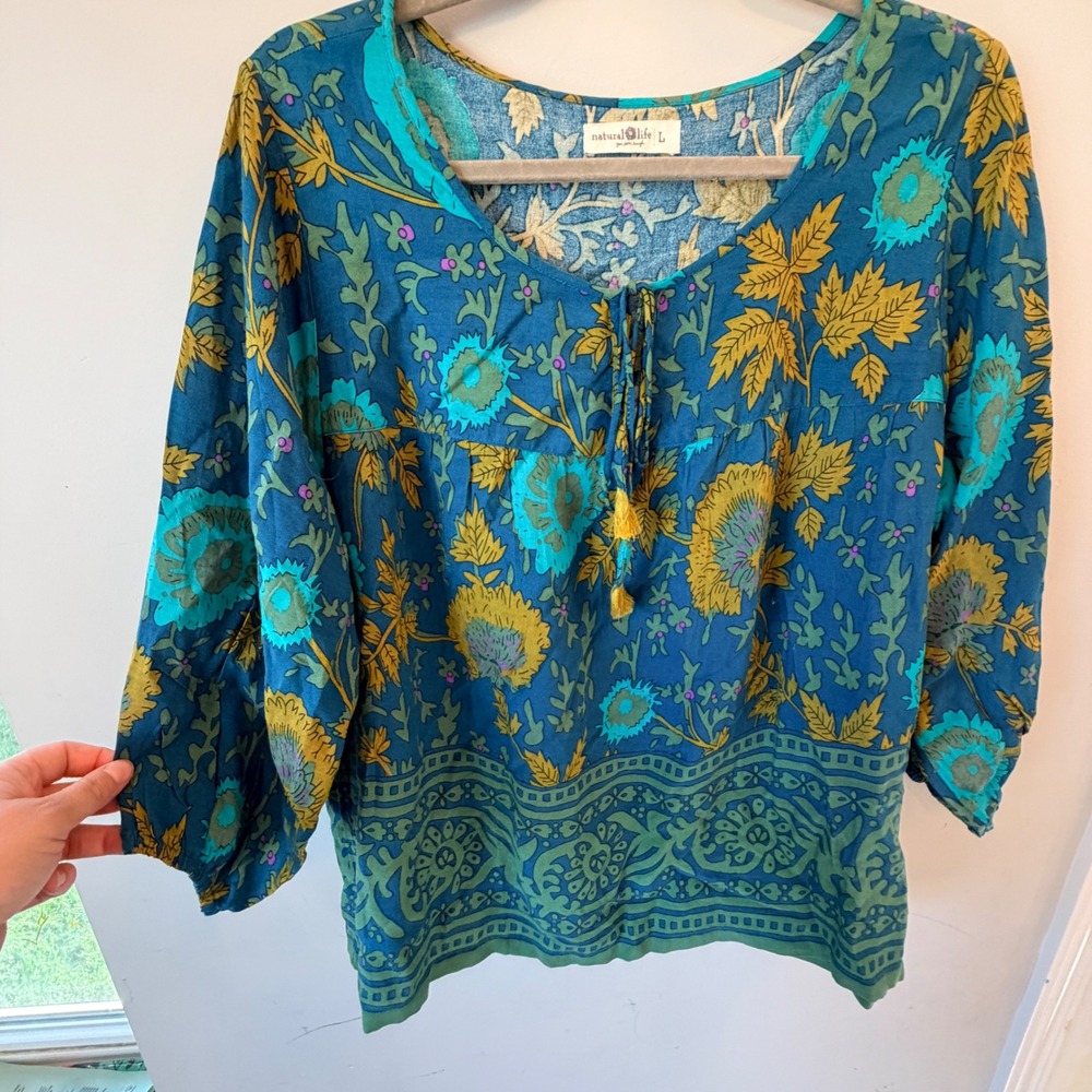 Natural Life Floral Boho Blouse Women Large Blue Rayon Tassel Cottagecore